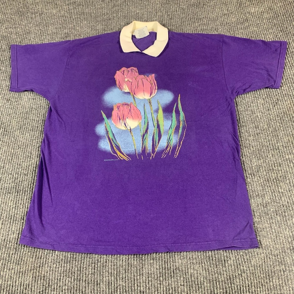 Vintage Lee Shirt Womens XL Purple Tulip Flower Graphic Polo 100% Cotton USA 90s